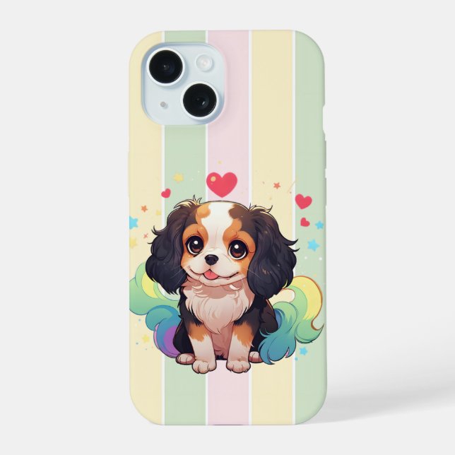 Coque iPhone 15 Kawaii Cavalier King Charles Pastel Rainbow Tail (Verso)