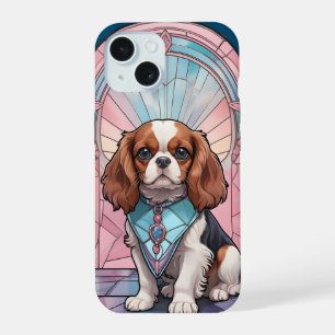 Coque iPhone 15 Kawaii Cavalier King Charles Pastel Vitrail