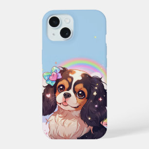 Coque iPhone 15 Kawaii Cavalier roi Charles Pastel ciel arc-en-cie