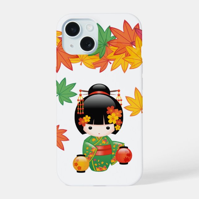 Coque iPhone 15 Kimono Vert Automnal Poupée Kokeshi Feuilles d'Éra (Verso)