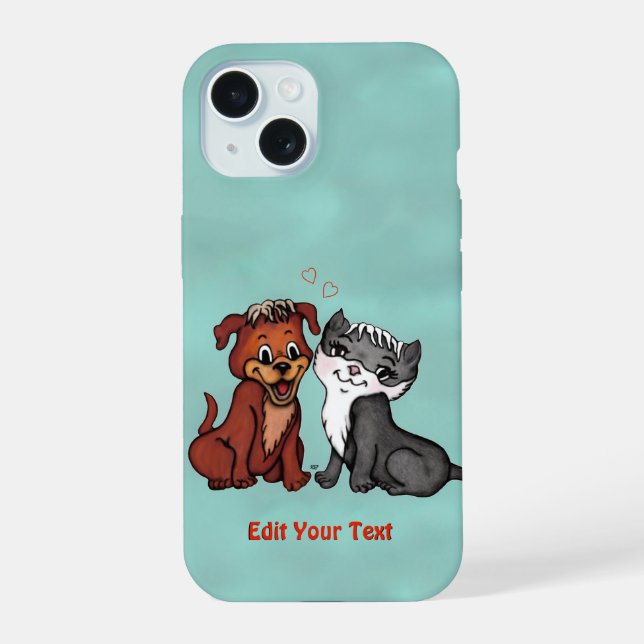 Coque iPhone 15 Kitty et Puppy , Modifiez votre texte (Verso)