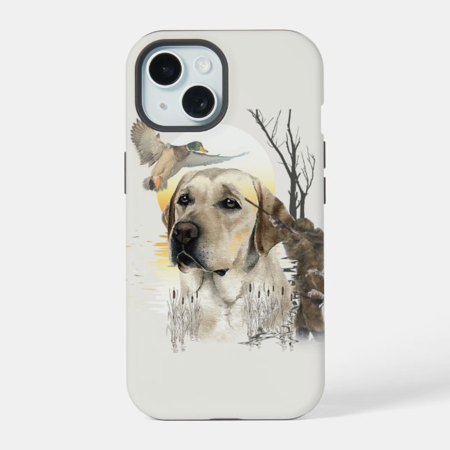 Coque iPhone 15 Labrador, chasse aux canards (Verso)