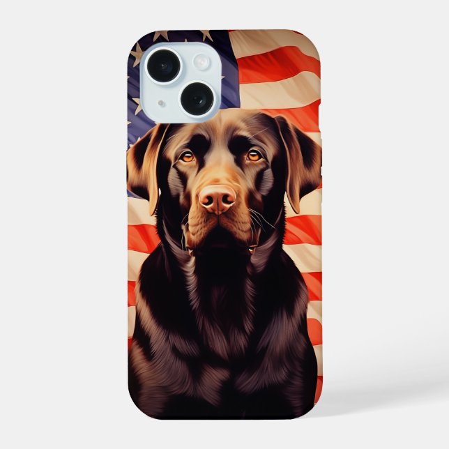 Coque iPhone 15 Labrador chocolat drapeau américain (Verso)