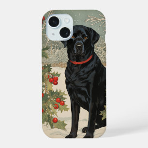 Coque iPhone 15 Labrador noir en hiver