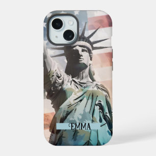 Coque iPhone 15 Lady Liberty et le drapeau américain Nom personnal