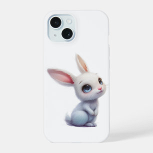 Coque iPhone 15 Lapin Blanc Mignon aux Grands Yeux Bleus