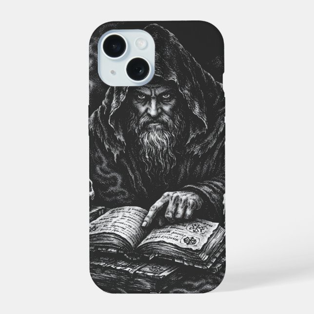 Coque iPhone 15 Le Magicien Étudiant le Grimoire — par BurnsInHell (Verso)