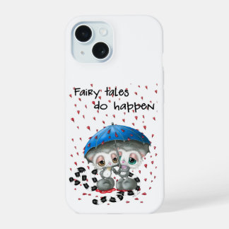 Coque iPhone 15 Lémurs en amour - Romance de parapluie cœur