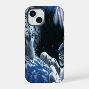 Coque iPhone 15 Léopard des neiges cosmique bleu mystique