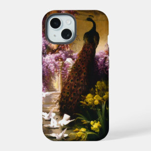 Coque iPhone 15 Les colombes et les paons dans un jardin