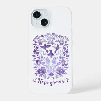 Coque iPhone 15 L'espoir grandit – Oiseau en linogravure lavande I