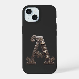 Coque iPhone 15 Lettre A en bronze orné avec des cloches
