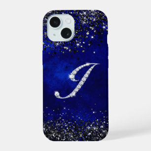 Coque iPhone 15 LETTRE CHIC FLEUVE RHINSTONE J bleu royal