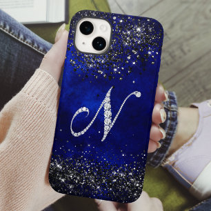 Coque iPhone 15 LETTRE CHIC FLEUVE RHINSTONE N bleu royal