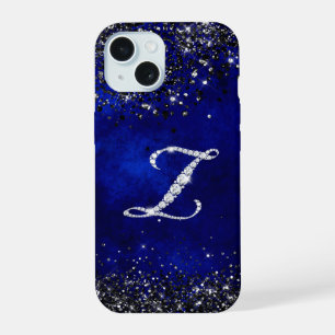 Coque iPhone 15 LETTRE CHIC FLEUVE RHINSTONE Z bleu royal