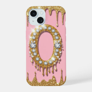 Coque iPhone 15 Lettre initiale en or O diamant rose cadeau pour f