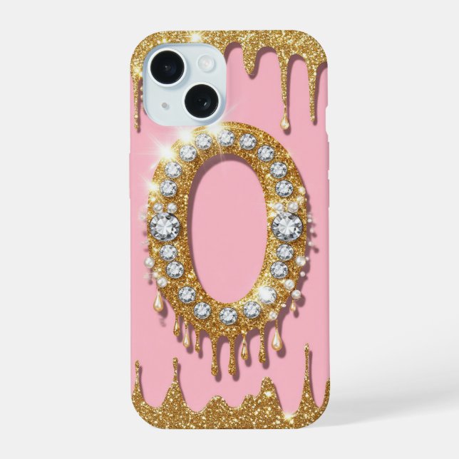 Coque iPhone 15 Lettre initiale en or O diamant rose cadeau pour f (Verso)