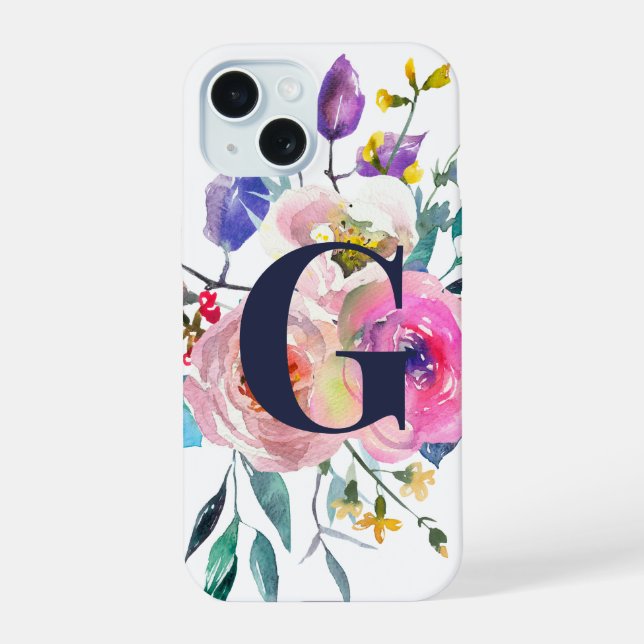Coque iPhone 15 Lever de soleil Boho Floral Monogramme Navy (Verso)