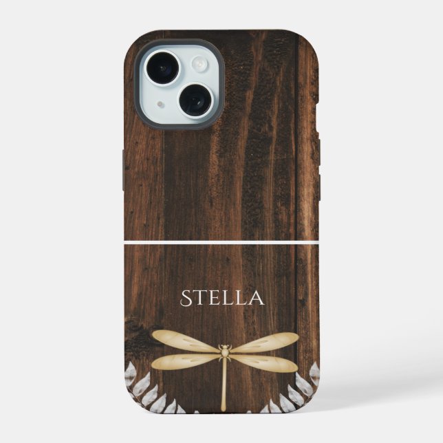 Coque iPhone 15 Libellule en Or Rustique Personnalisé (Verso)