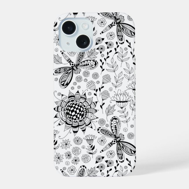 Coque iPhone 15 libellules et fleurs (Verso)