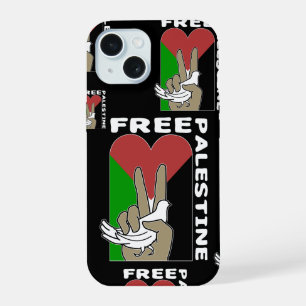 Coque iPhone 15 Libre Palestine Colombe Cœur Signe de Paix Noir