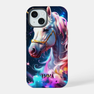Coque iPhone 15 Licorne Arc-en-Ciel Unique Tête Nom Personnalisé F