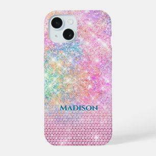 Coque iPhone 15 licorne mignonne monogramme faux strass rose scint