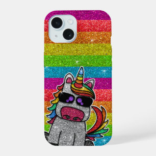 Coque iPhone 15 Licorne Paillettes Arc-en-ciel Paillettes Or LGBT