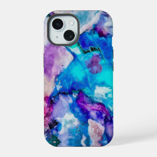 Coque iPhone 15 Lilas Bleu Sarcelle Abstrait Aquarelle