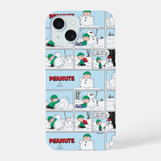 Coque iPhone 15 Linus Construit Un Snowman (Verso)