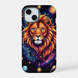 Coque iPhone 15 Lion dans une galaxie cosmique étoilée
