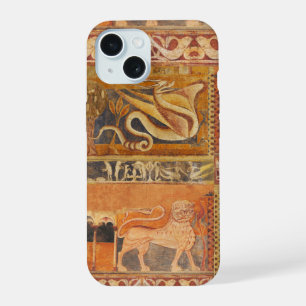 Coque iPhone 15 LION ET DRAGON Fresque médiévale en orange jaune