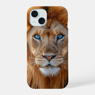 Coque iPhone 15 Lion majestueux mâle aux yeux bleus brillants