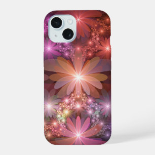 Coque iPhone 15 Lit De Fleurs Coloré Brillant Art Fractal Abstrait