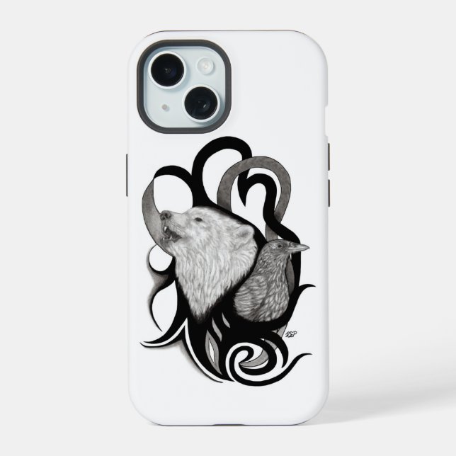 Coque iPhone 15 Loup blanc avec art tribal coréen (Verso)