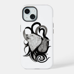 Coque iPhone 15 Loup Blanc avec Art Tribal du Corbeau