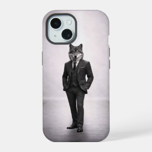 Coque iPhone 15 Loup Élégant en Costume Classique Portrait