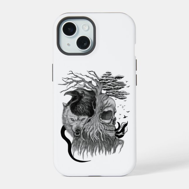 Coque iPhone 15 Loup et corbeau avec crâne (Verso)