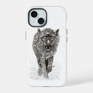 Coque iPhone 15 Loup noir en colère dans la neige, hiver sauvage