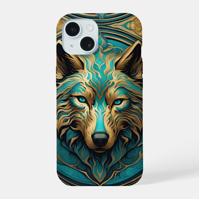 Coque iPhone 15 Loup Turquoise et Or (Verso)