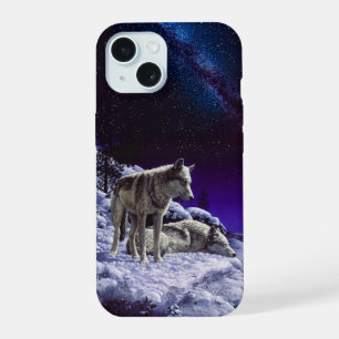 Coque iPhone 15 Loups gris dans la neige hivernale la nuit