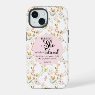 Coque iPhone 15 Luc 1:45 Bienheureuse Elle Aquarelle Floral Rose