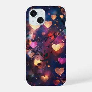 Coque iPhone 15 Lumières Bokeh en forme de cœur dans un jardin noc