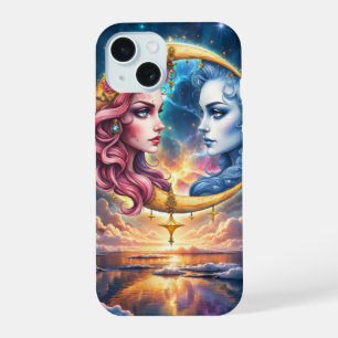 Coque iPhone 15 Lune de l'Équilibre Éternel – Âmes de Feu et d'Eau