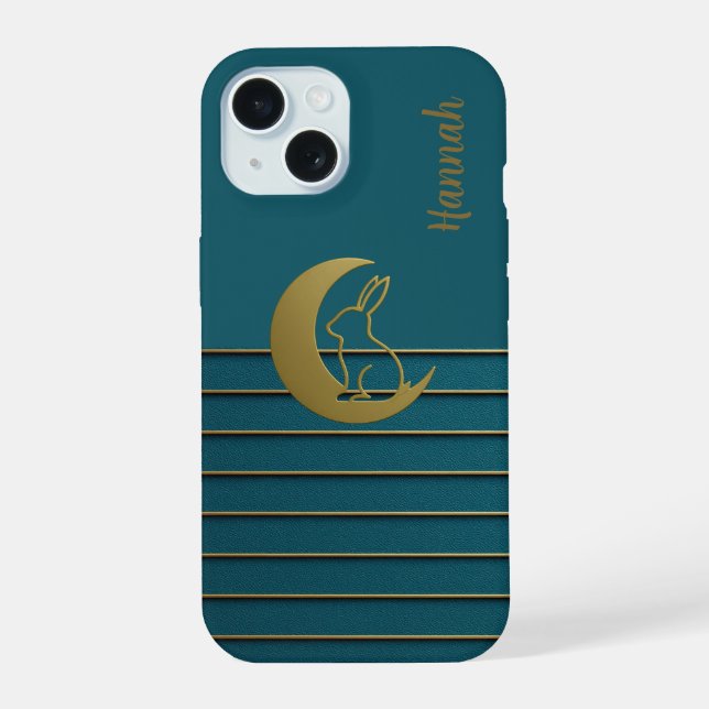Coque iPhone 15 Lune d'or et lapin sur le téléphone Turquoise (Verso)