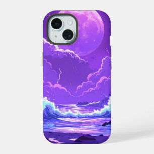 Coque iPhone 15 Lune violette sur la mer – Ciel nocturne rêveur po