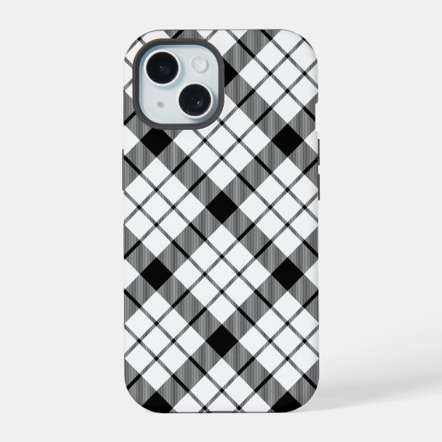 Coque iPhone 15 MacFarlane tartan carreaux noir blanc (Verso)