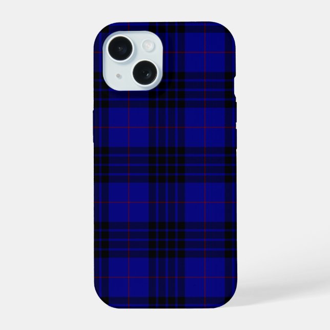 Coque iPhone 15 MacKay tartan bleu noir plaid (Verso)