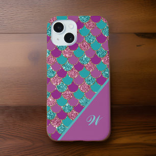 Coque iPhone 15 Magenta rose et Turquoise échelle de sirène avec i