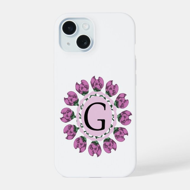 Coque iPhone 15 Majuscule G monogramme floral (Verso)